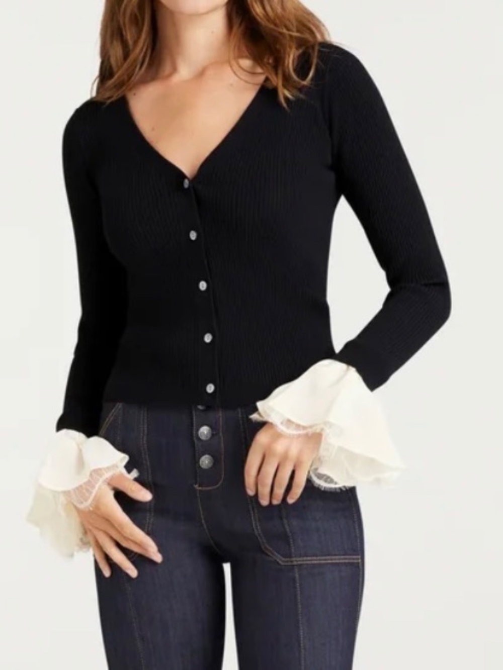 NEW Cinq a SEPT Bernadette Prestyled Ribbed cardigan in Black/Ivory - Picture 4 of 7
